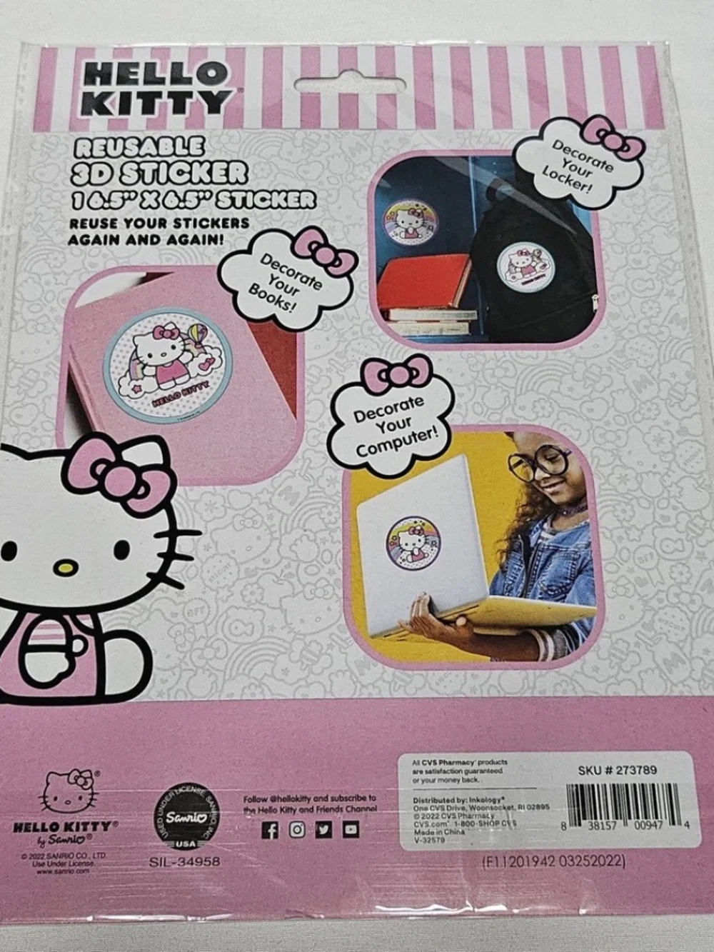 New Set of 2 Sanrio Hello Kitty Reusable 3D Puffy Stickers Rainbow Kawaii 6.5